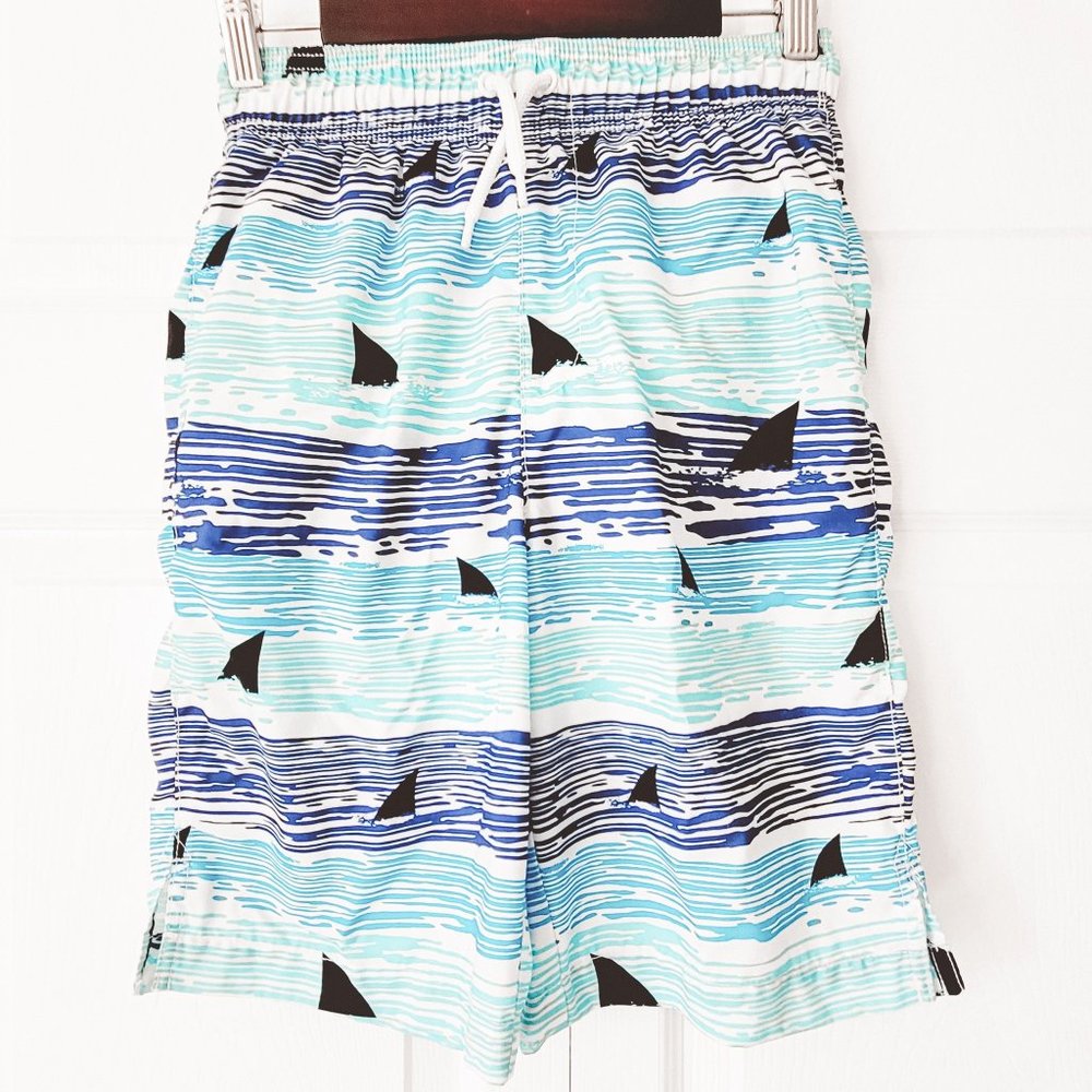 Children's Place blue wave & shark swim shorts Lg